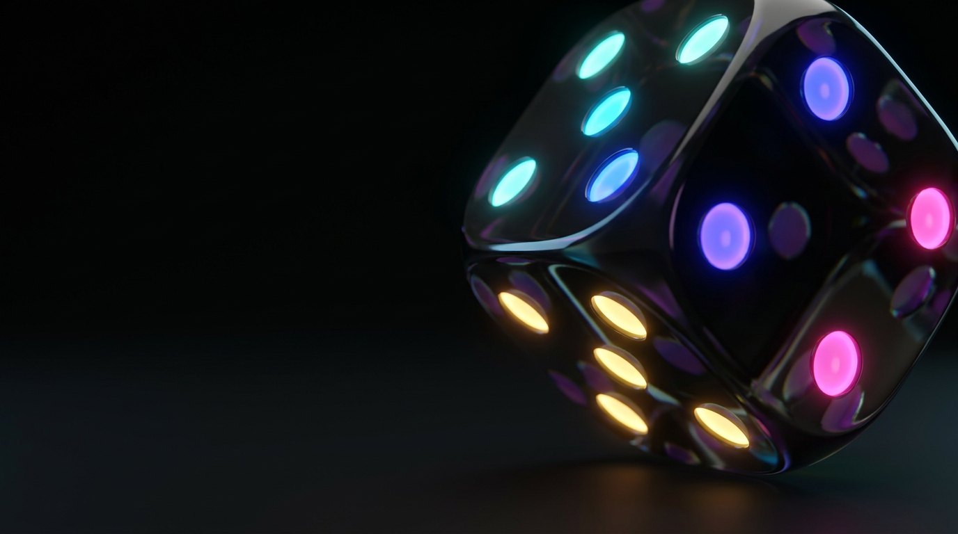 A glass die with glowing pips, seen through frosted glass