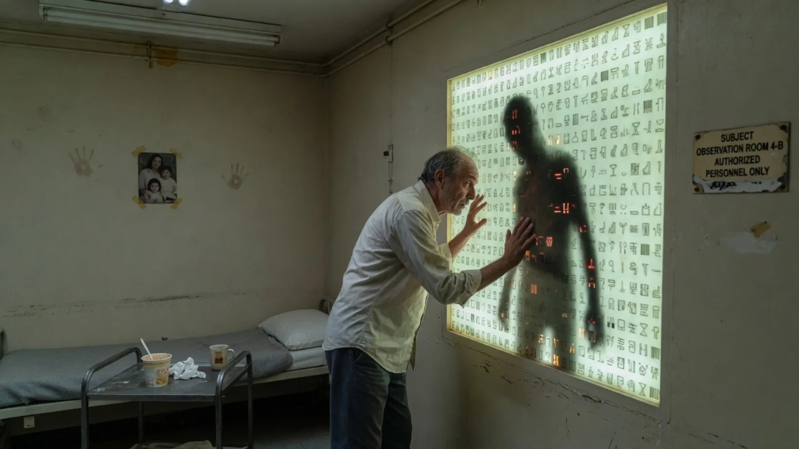 A cinematic storyboard frame: a man presses his hands to a glowing wall of symbols in a bare observation room