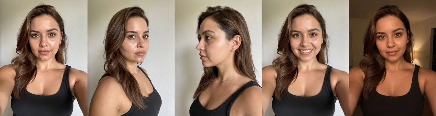 A synthetic woman's face from five angles, the same face every time