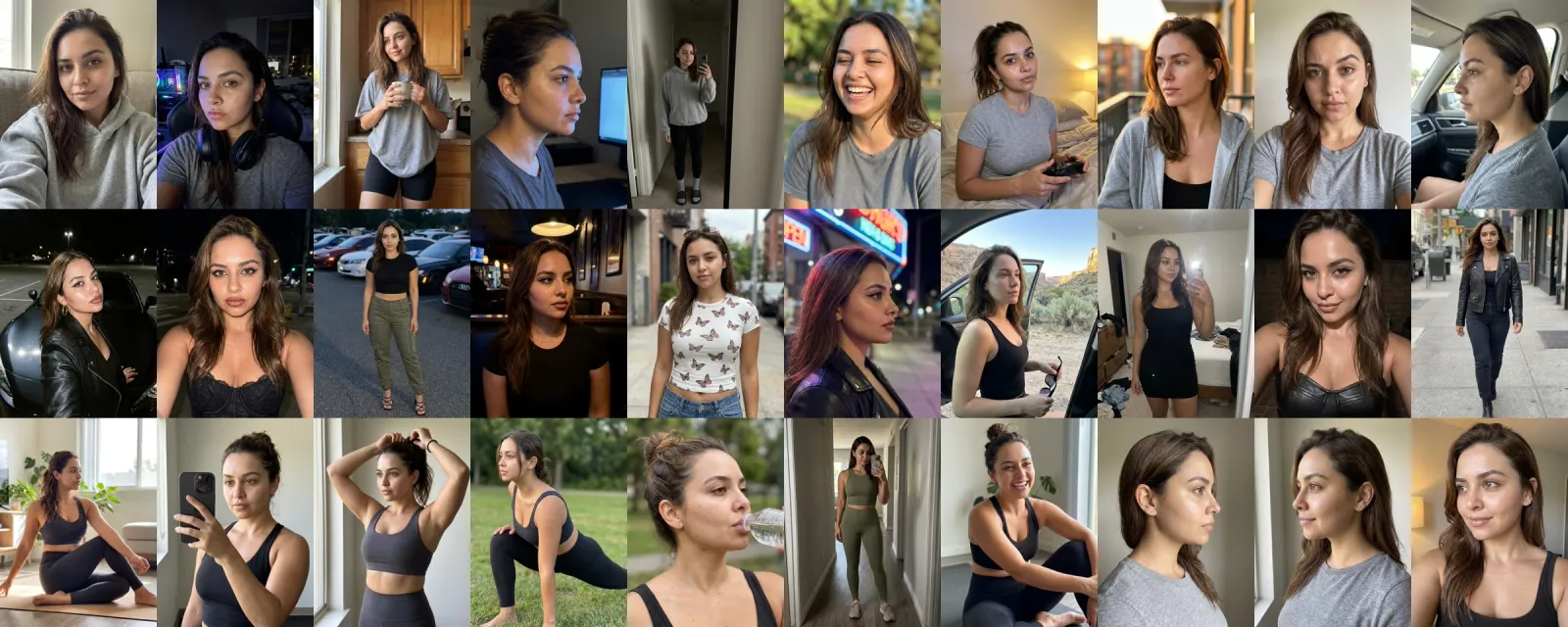 Thirty photos of the same synthetic woman in different outfits and places