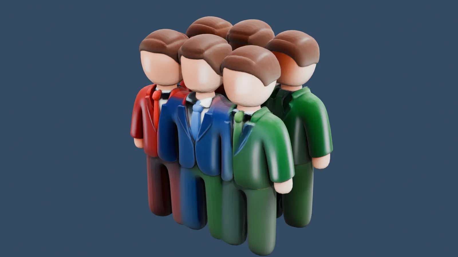 Six clay-style 3D figures in red, blue and green suits