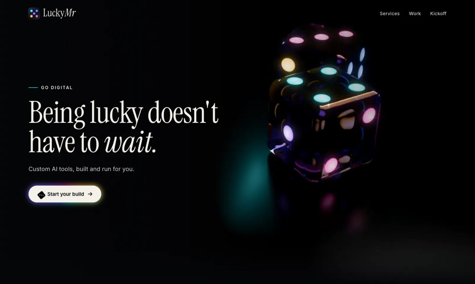 The LuckyMr homepage: a headline beside two glowing glass dice