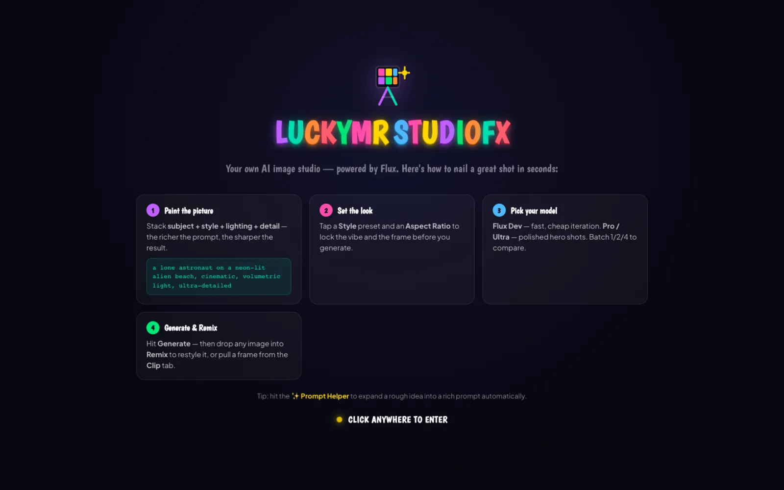 The welcome screen of an AI image studio web app with a four-step guide