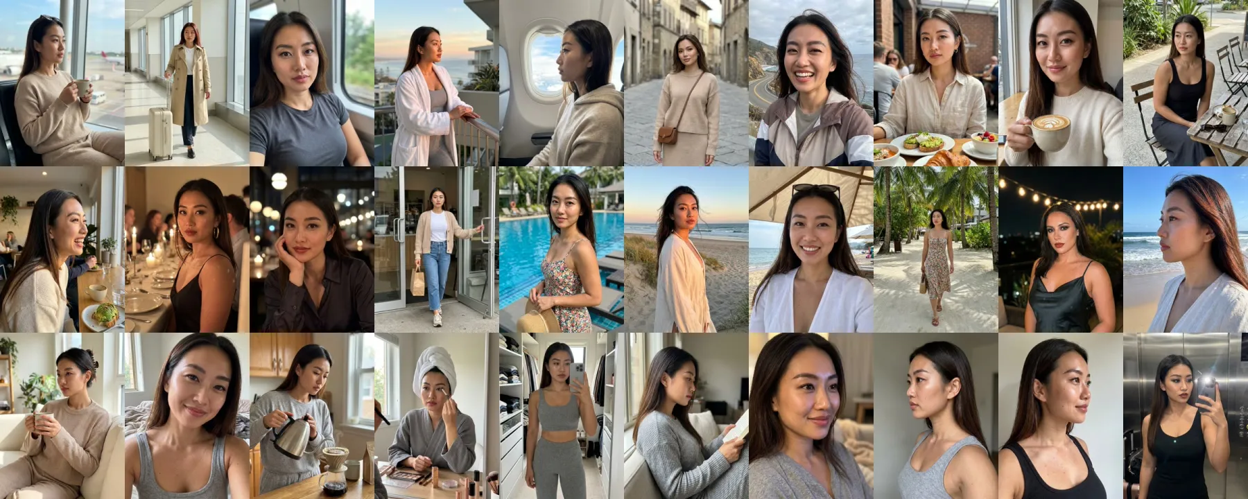 A sheet of AI-generated photos of the same synthetic woman in different outfits and places